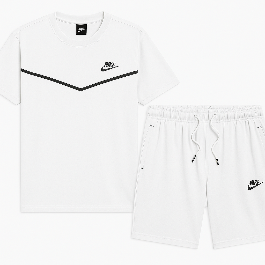Conjunto Nike Branco Essential (camiseta + bermuda branca com detalhes em preto)